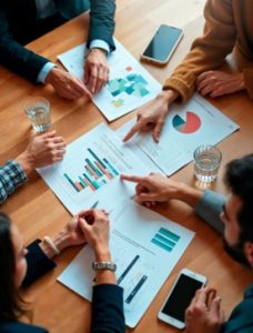 Executive team meeting with CFO presenting financial charts, business strategy session, modern conference room, diverse professionals, high-resolution corporate style